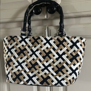 Talbots Black, White & Tan Woven Tote with Glossy Black Handles
